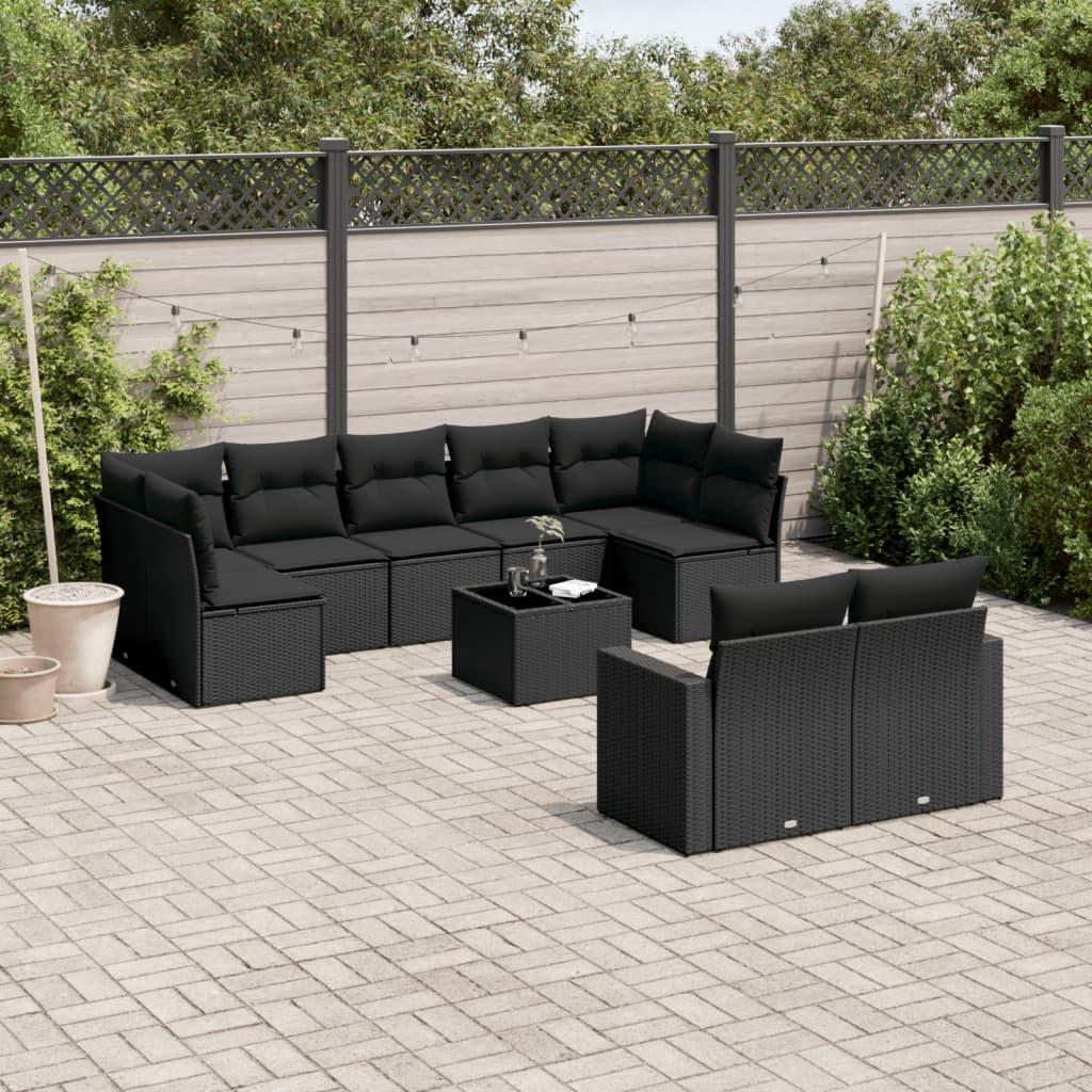 10 Piece Garden Sofa Set with Cushions Black Poly Rattan