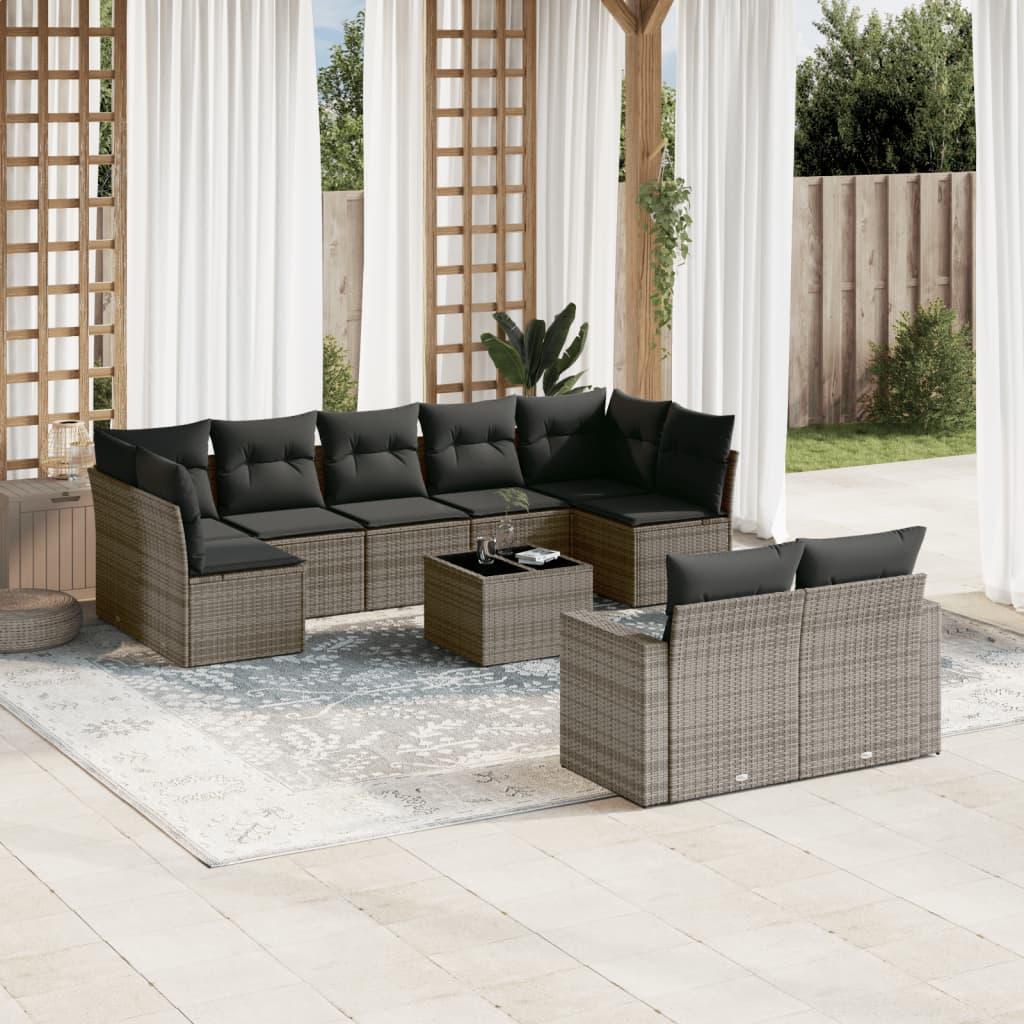 10 Piece Garden Sofa Set with Cushions Grey Poly Rattan