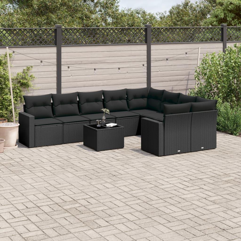 10 Piece Garden Sofa Set with Cushions Black Poly Rattan