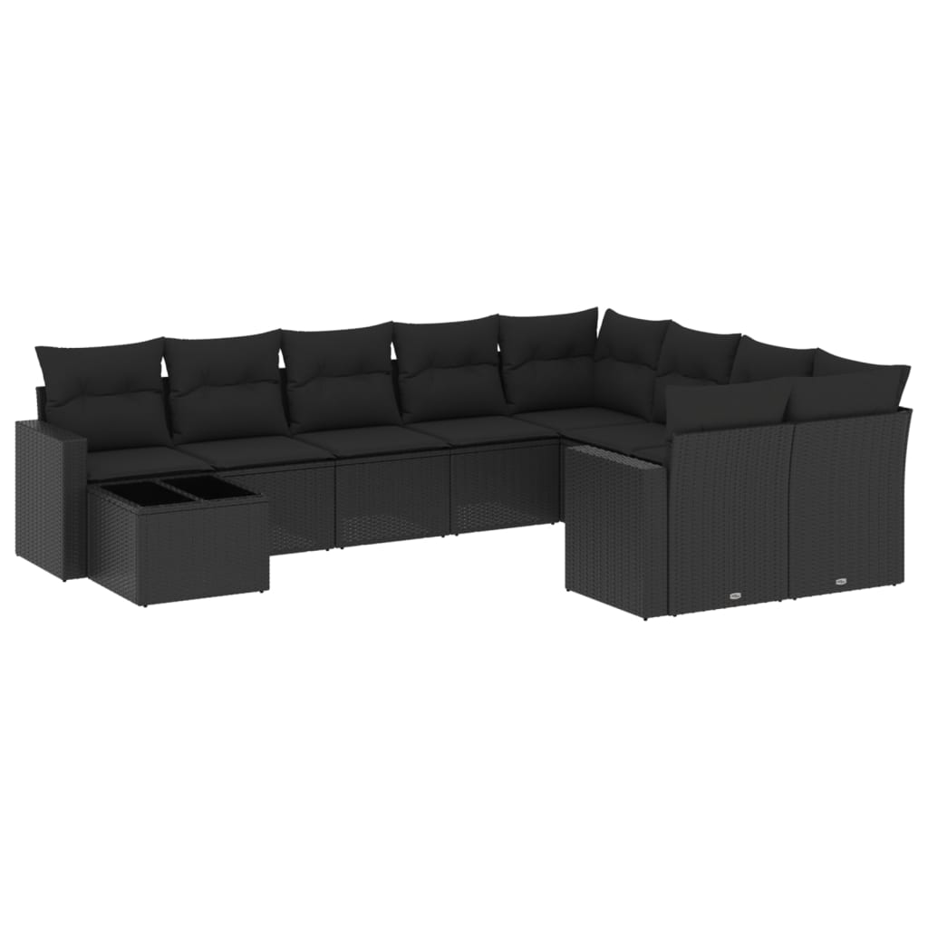 10 Piece Garden Sofa Set with Cushions Black Poly Rattan