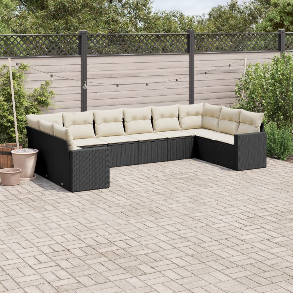 10 Piece Garden Sofa Set with Cushions Black Poly Rattan