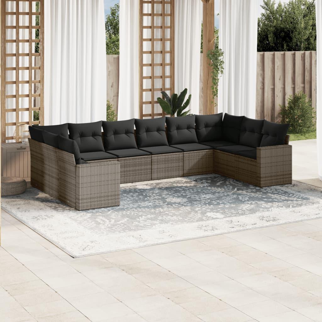 10 Piece Garden Sofa Set with Cushions Grey Poly Rattan