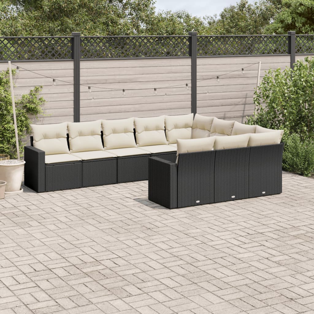 10 Piece Garden Sofa Set with Cushions Black Poly Rattan