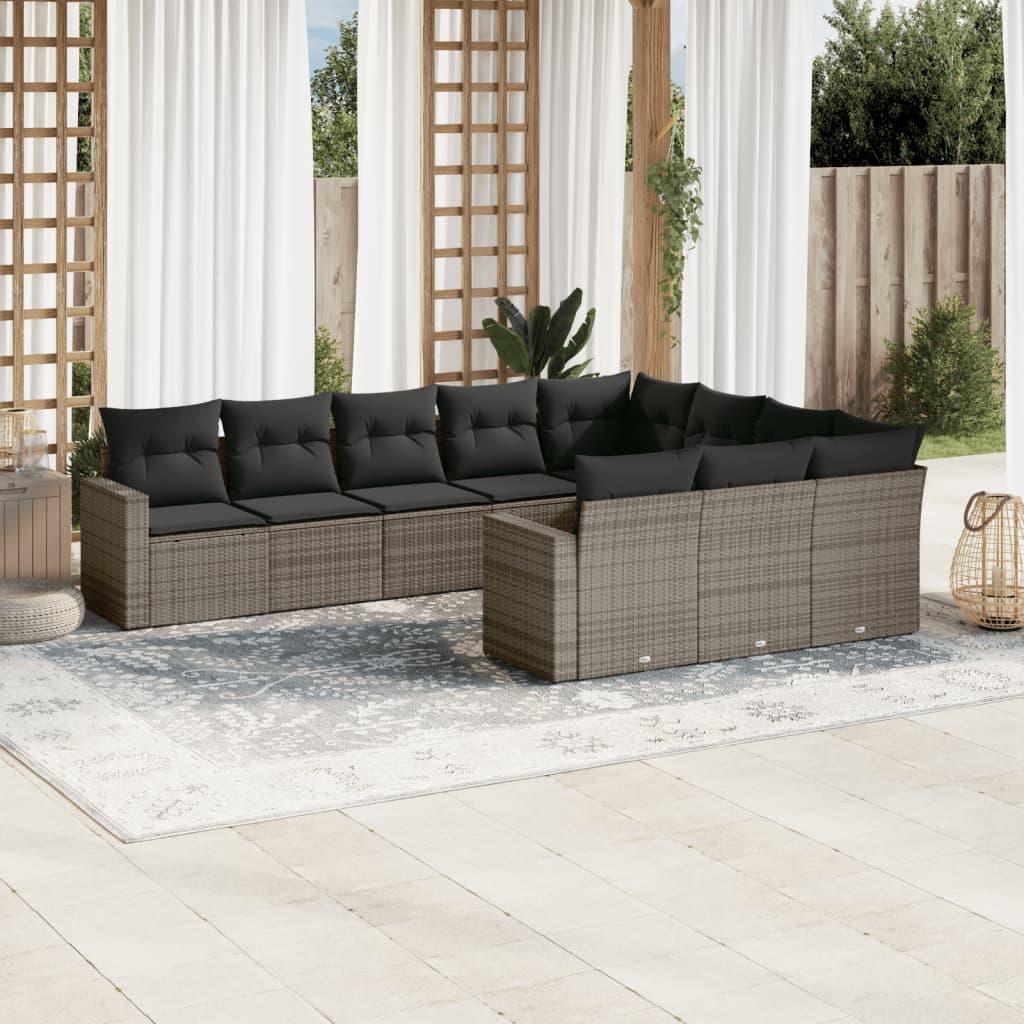 10 Piece Garden Sofa Set with Cushions Grey Poly Rattan