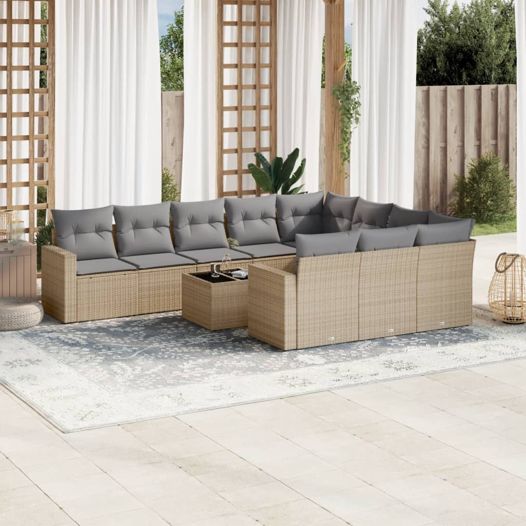 11 Piece Garden Sofa Set with Cushions Beige Poly Rattan