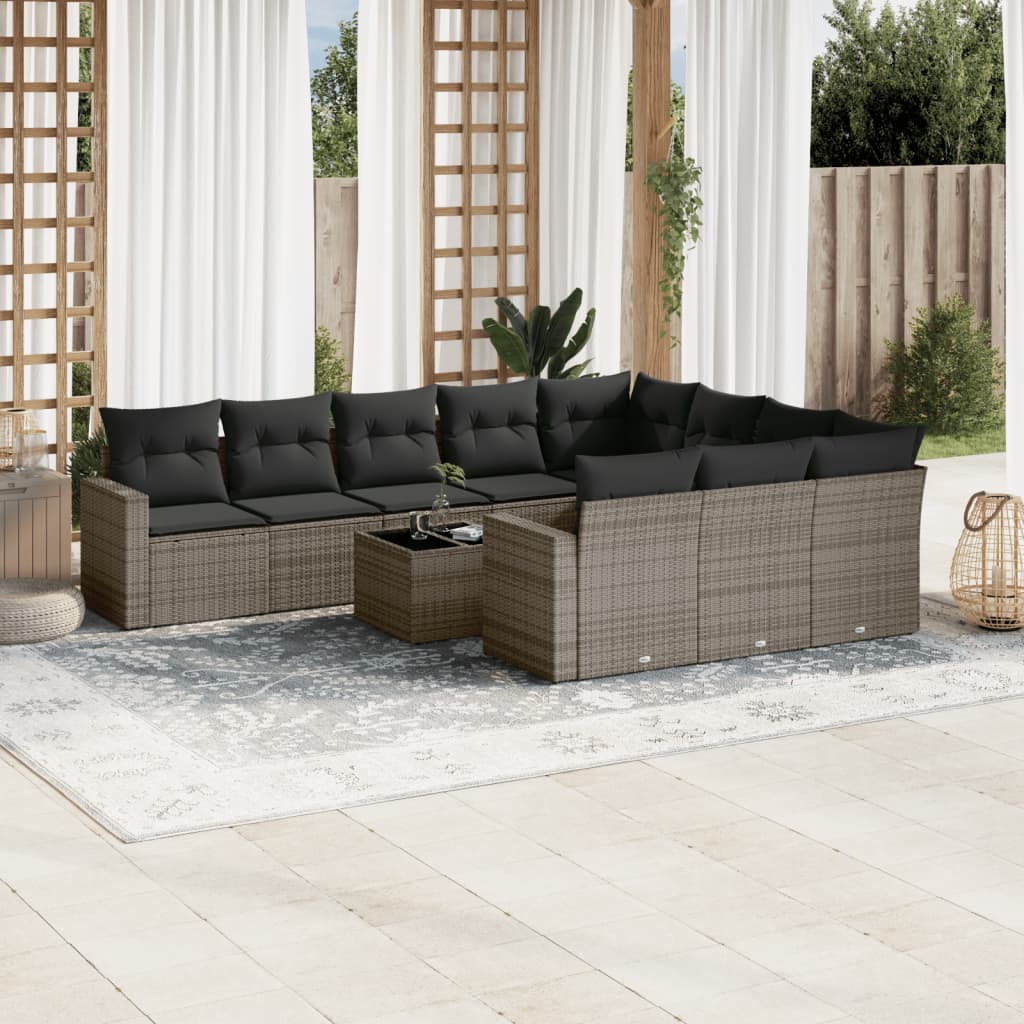 11 Piece Garden Sofa Set with Cushions Grey Poly Rattan