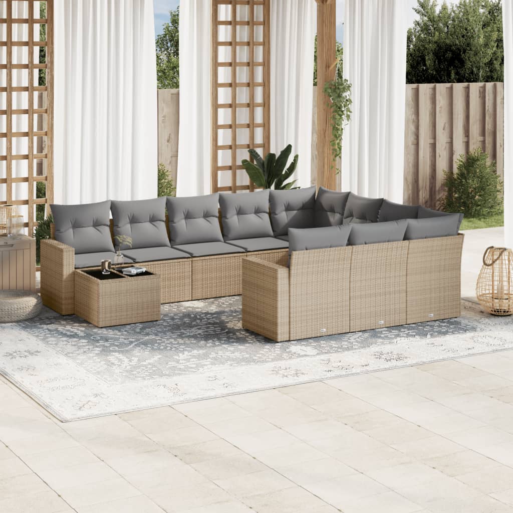 11 Piece Garden Sofa Set with Cushions Beige Poly Rattan