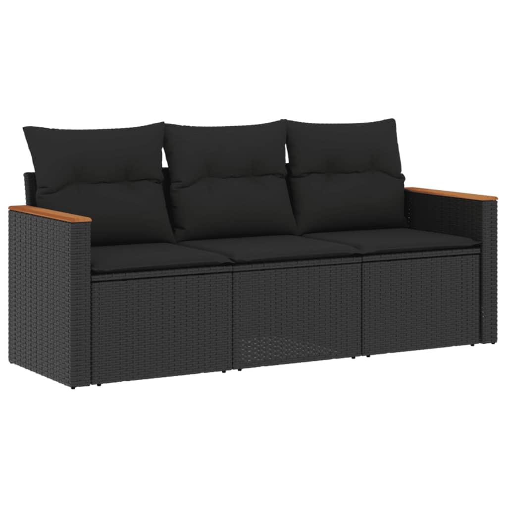 3 Piece Garden Sofa Set with Cushions Black Poly Rattan