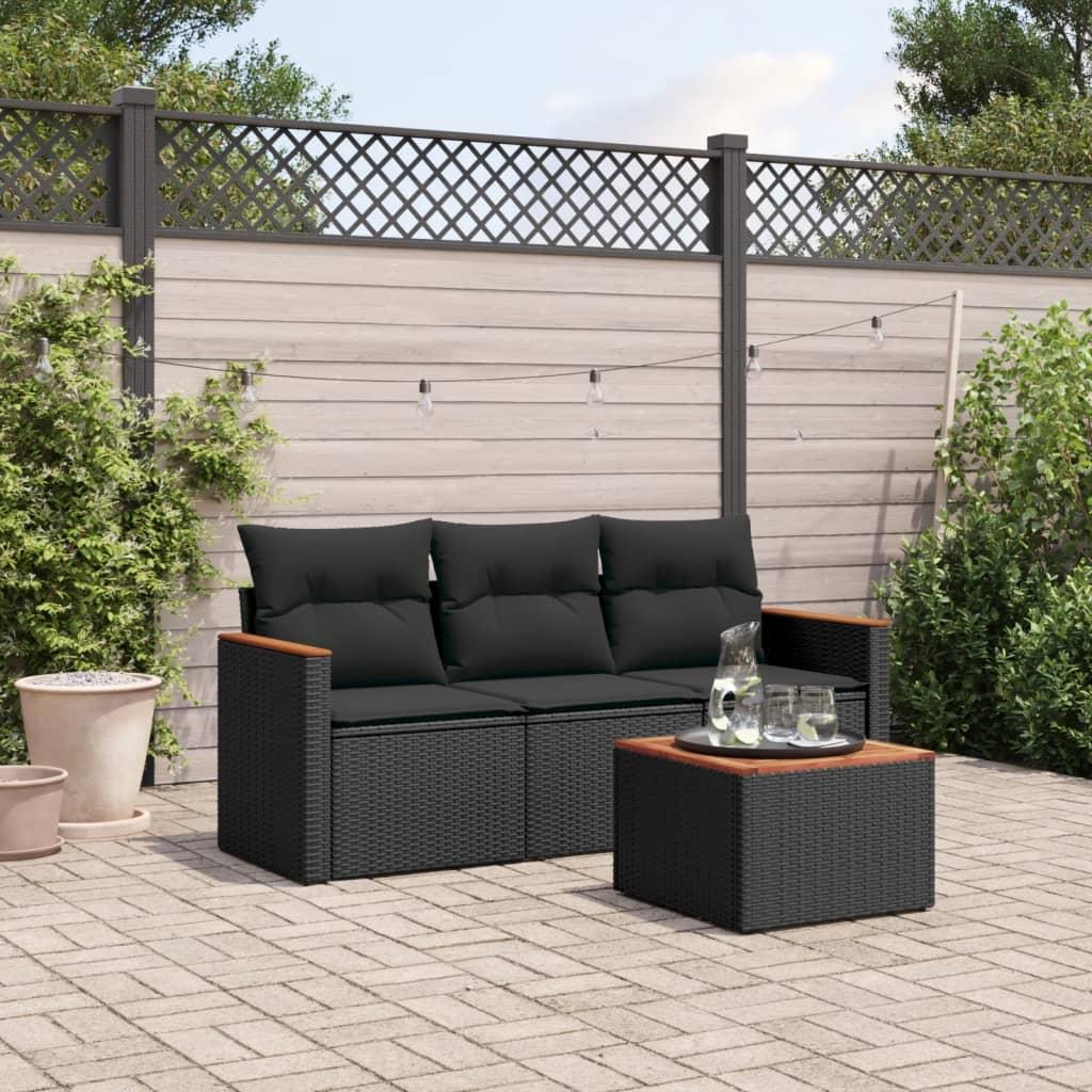 4 Piece Garden Sofa Set with Cushions Black Poly Rattan