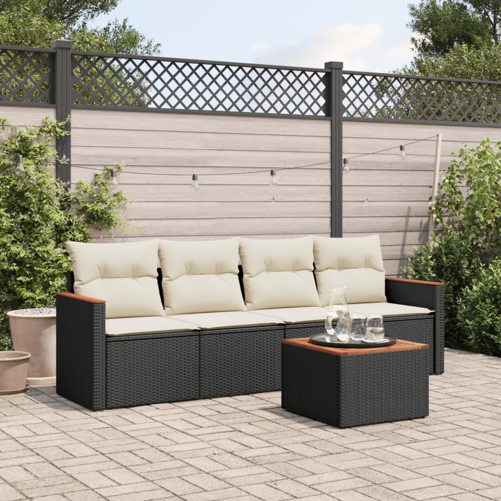 5 Piece Garden Sofa Set with Cushions Black Poly Rattan