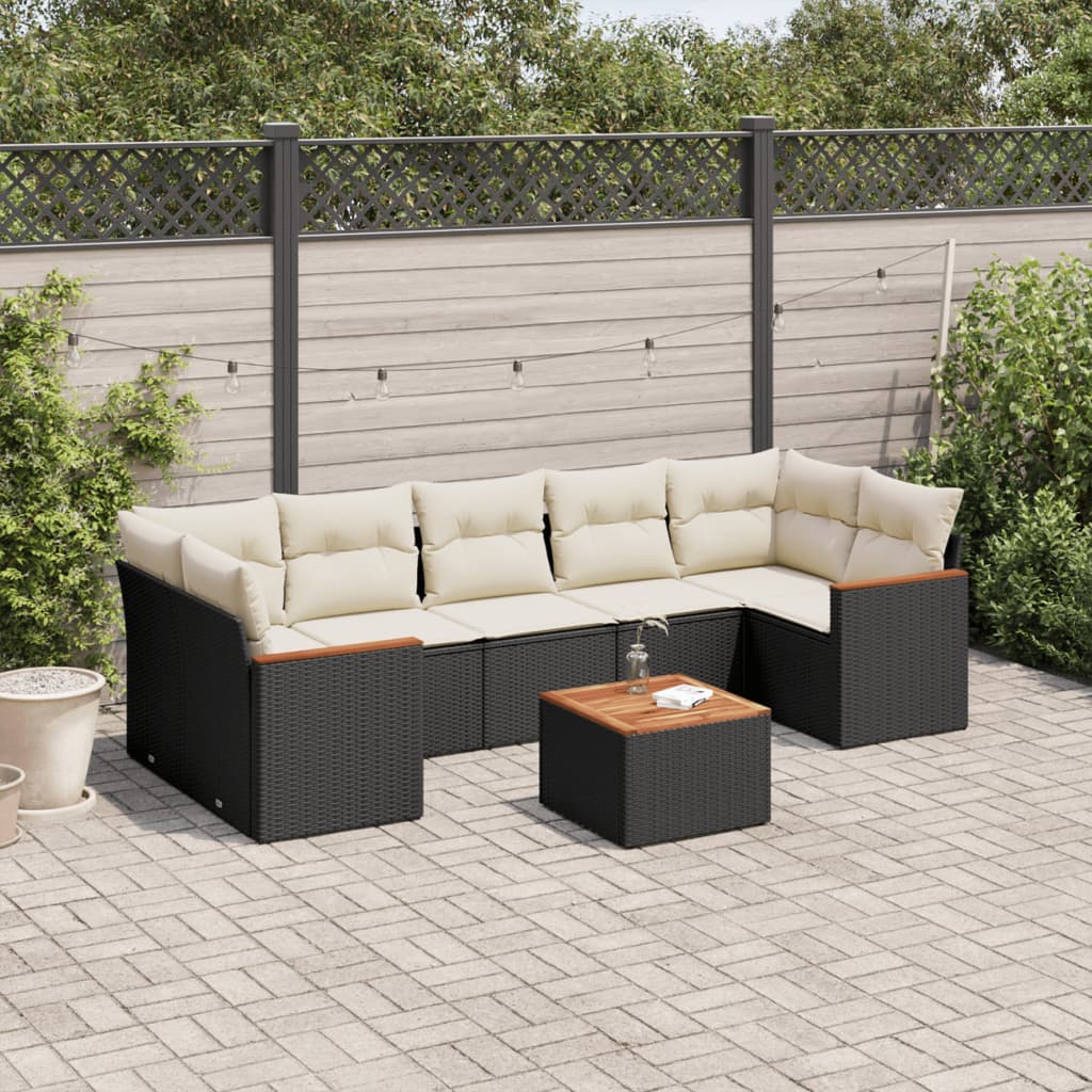 8 Piece Garden Sofa Set with Cushions Black Poly Rattan