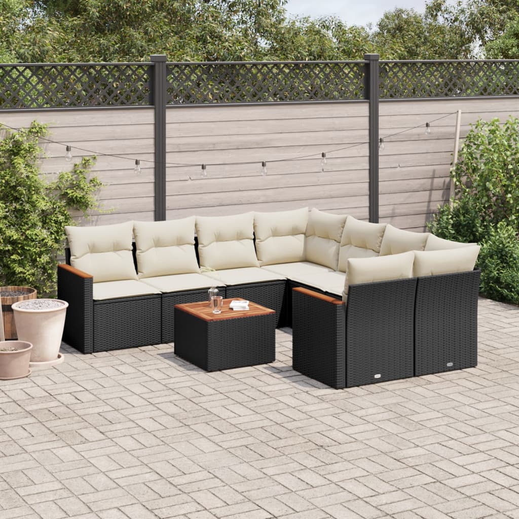 9 Piece Garden Sofa Set with Cushions Black Poly Rattan