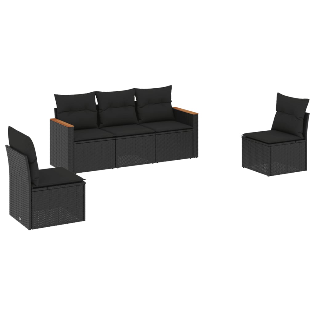 5 Piece Garden Sofa Set with Cushions Black Poly Rattan