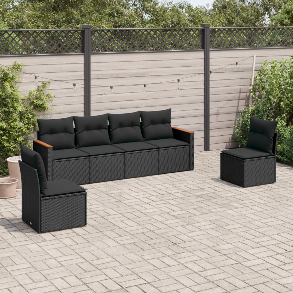 6 Piece Garden Sofa Set with Cushions Black Poly Rattan