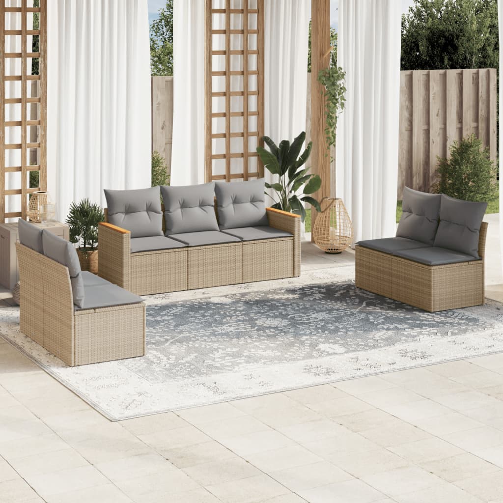 7 Piece Garden Sofa Set with Cushions Mix Beige Poly Rattan