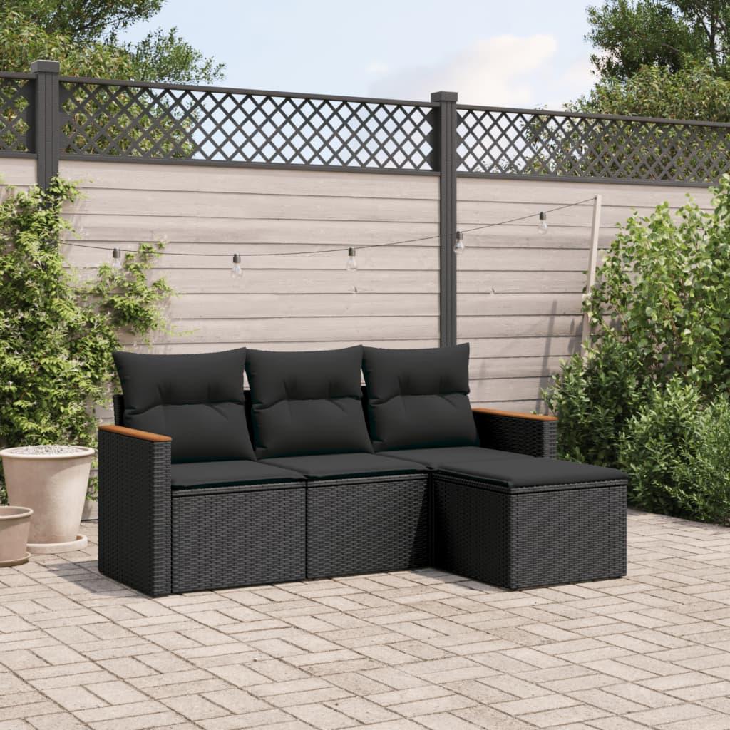 4 Piece Garden Sofa Set with Cushions Black Poly Rattan