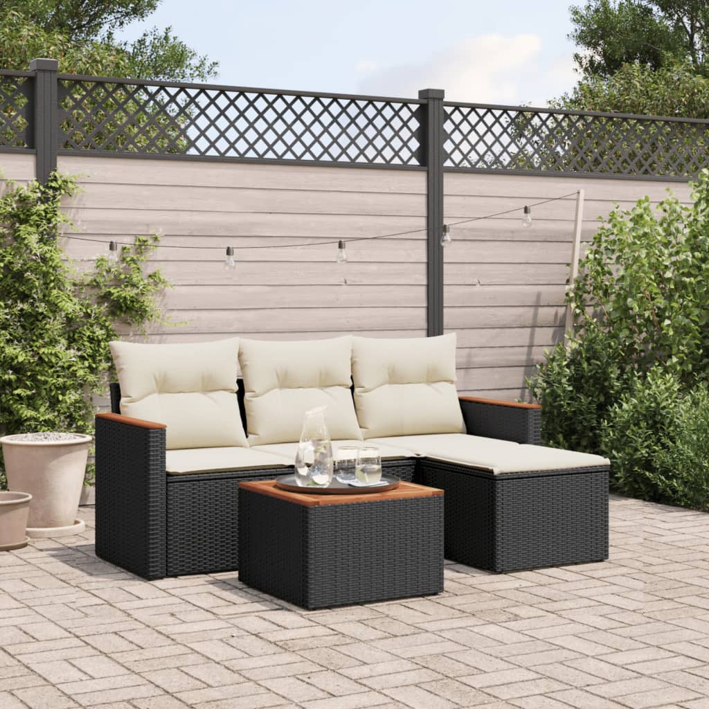 5 Piece Garden Sofa Set with Cushions Black Poly Rattan