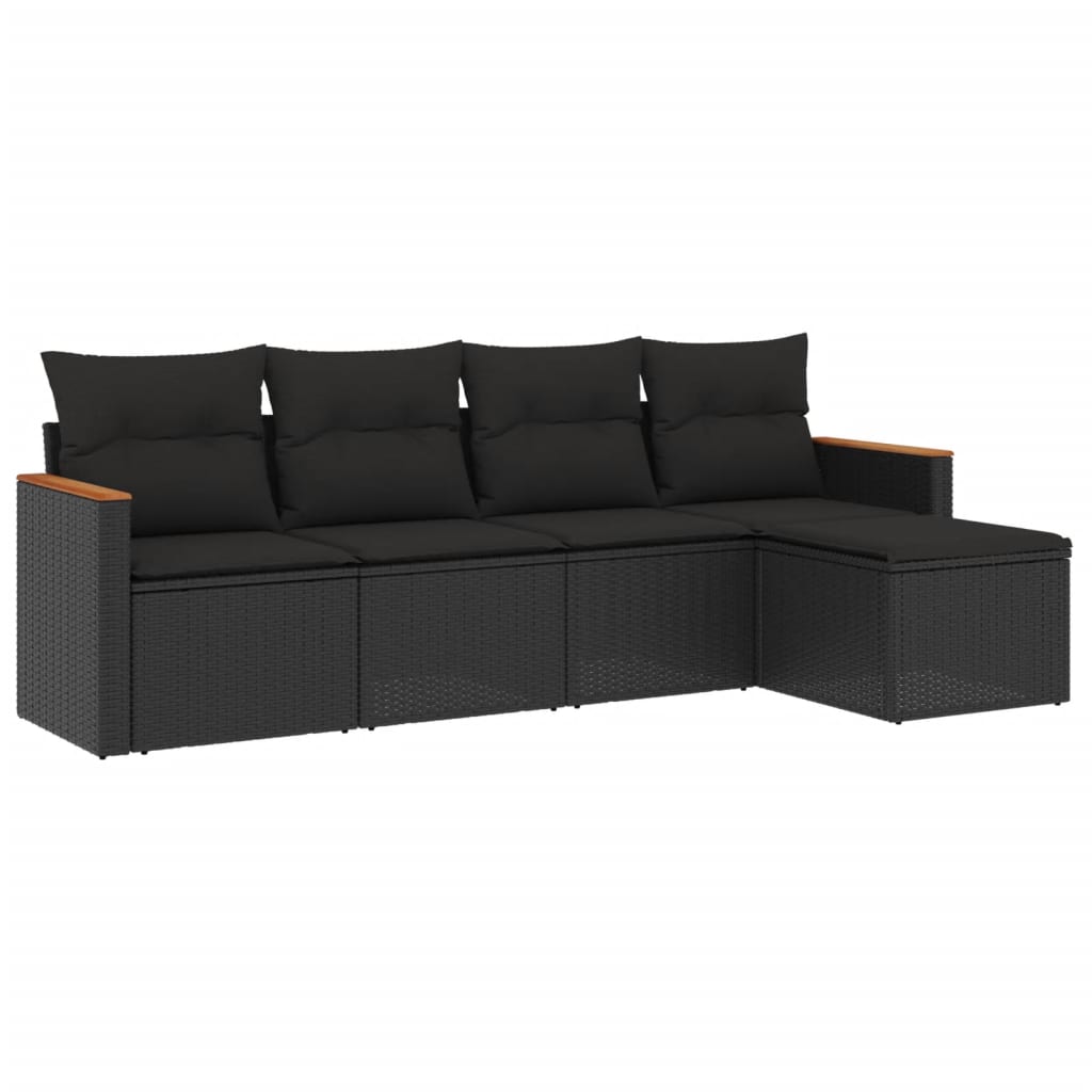 5 Piece Garden Sofa Set with Cushions Black Poly Rattan