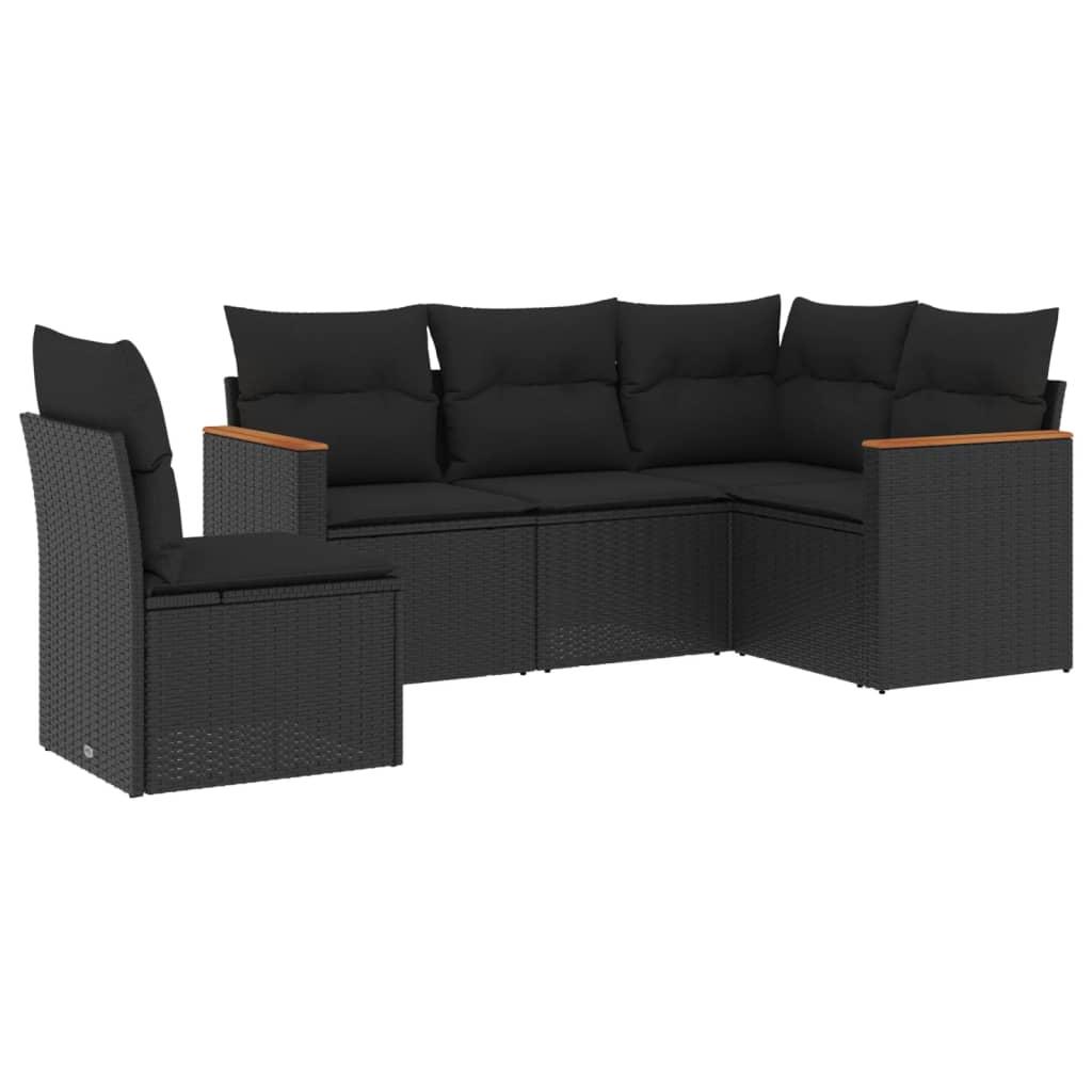 5 Piece Garden Sofa Set with Cushions Black Poly Rattan