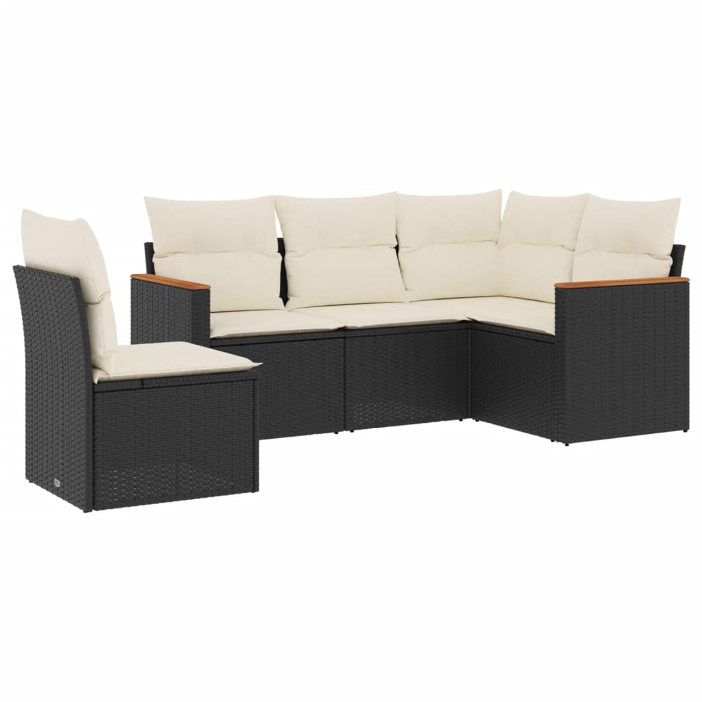 5 Piece Garden Sofa Set with Cushions Black Poly Rattan