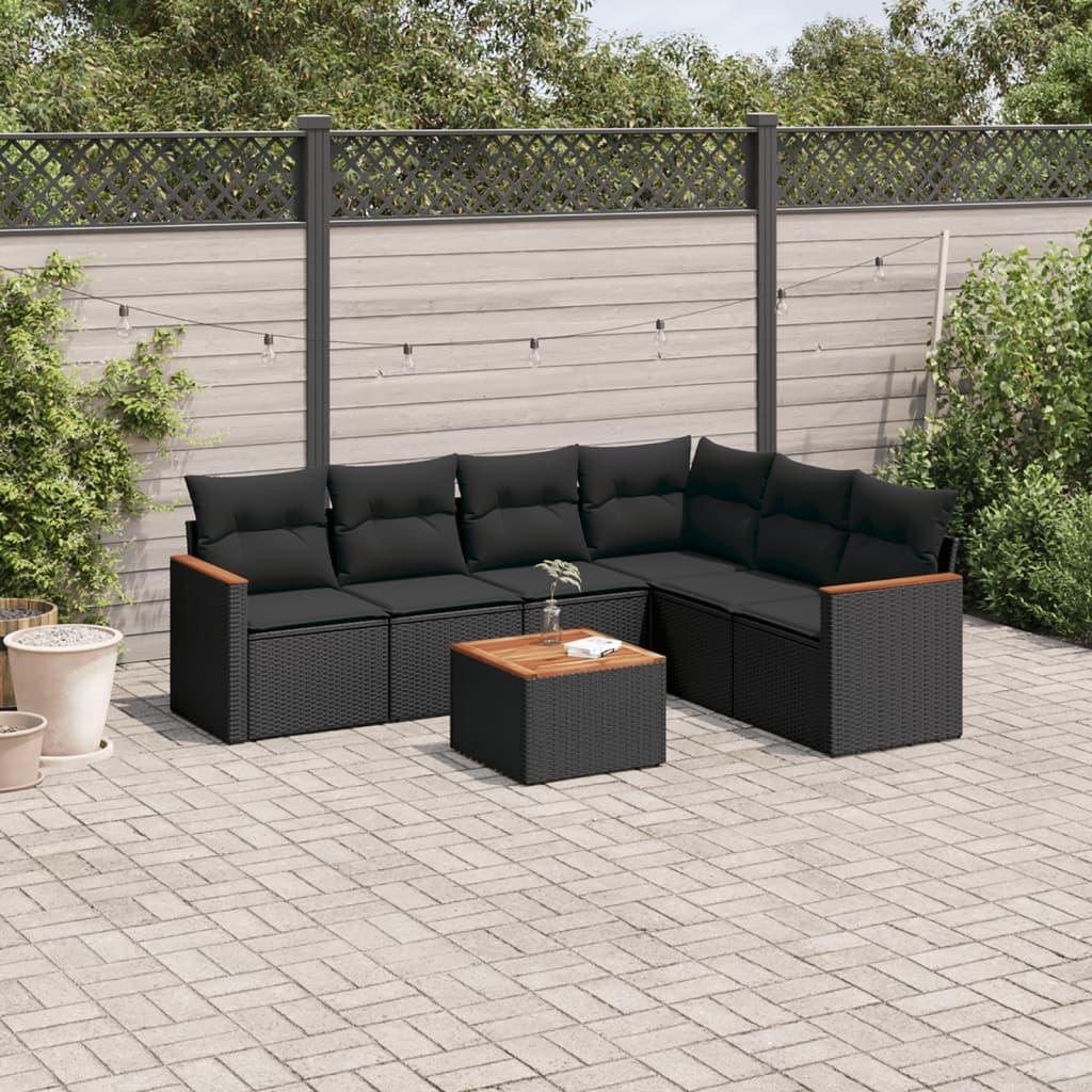 7 Piece Garden Sofa Set with Cushions Black Poly Rattan