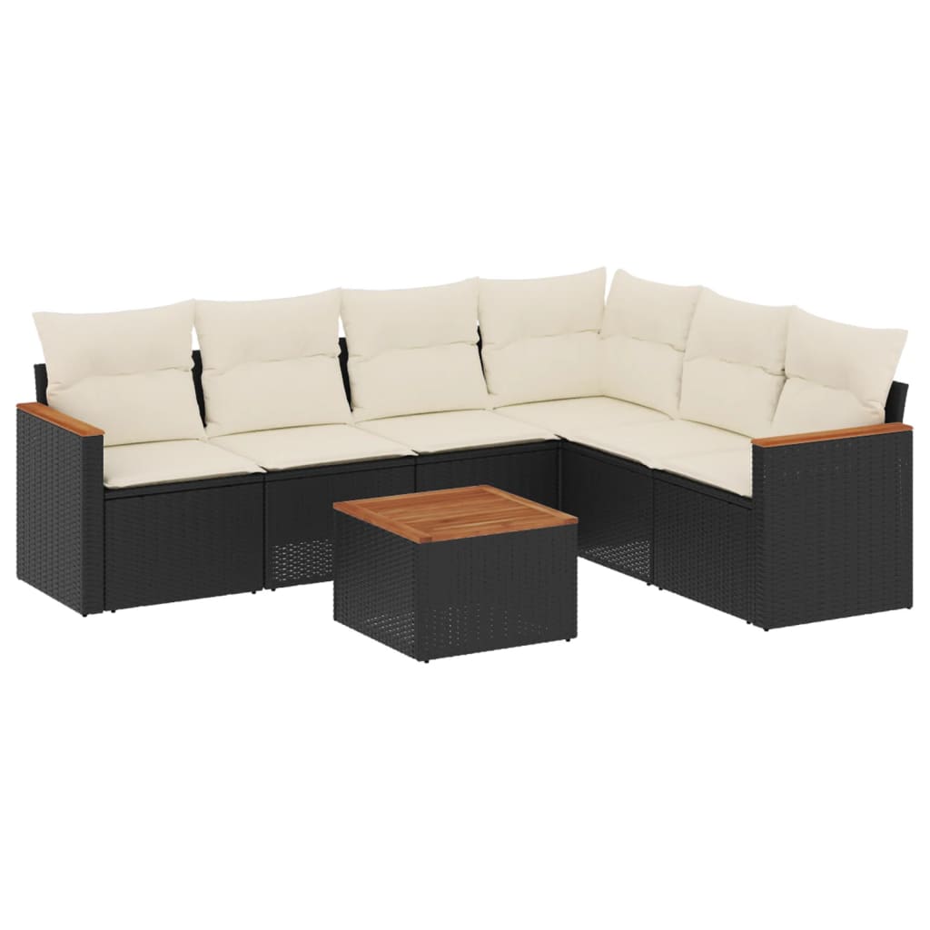 7 Piece Garden Sofa Set with Cushions Black Poly Rattan