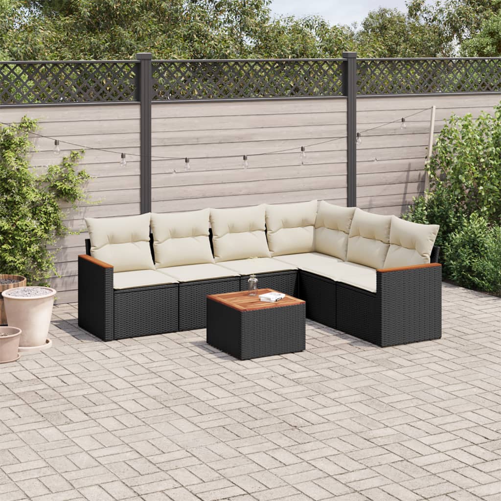 7 Piece Garden Sofa Set with Cushions Black Poly Rattan