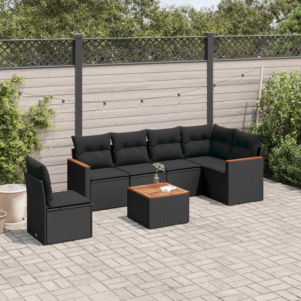 7 Piece Garden Sofa Set with Cushions Black Poly Rattan