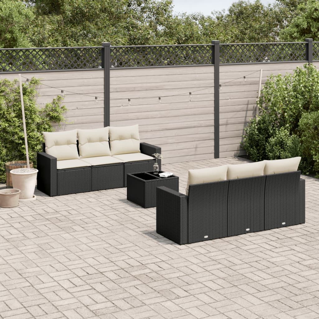 7 Piece Garden Sofa Set with Cushions Black Poly Rattan