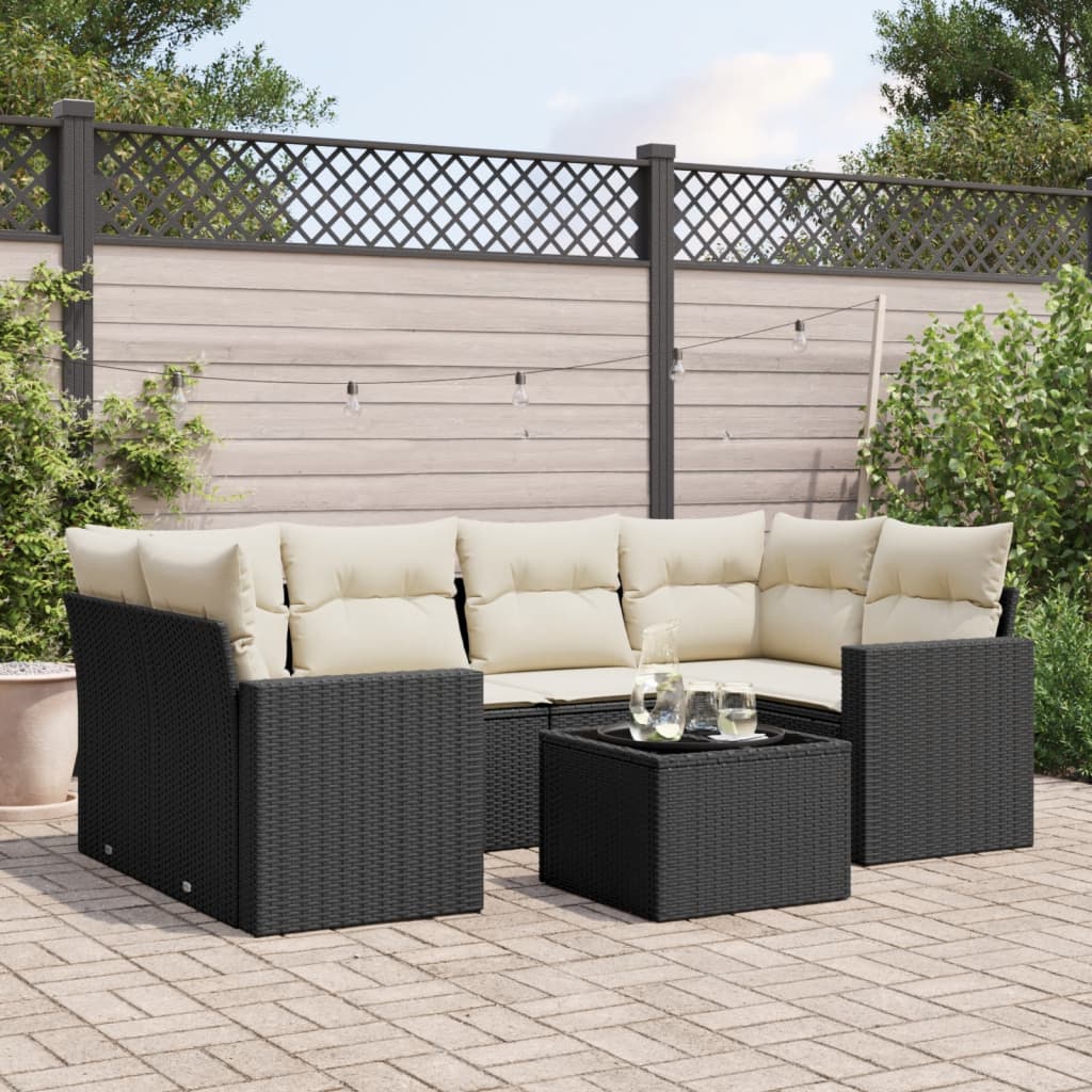 7 Piece Garden Sofa Set with Cushions Black Poly Rattan