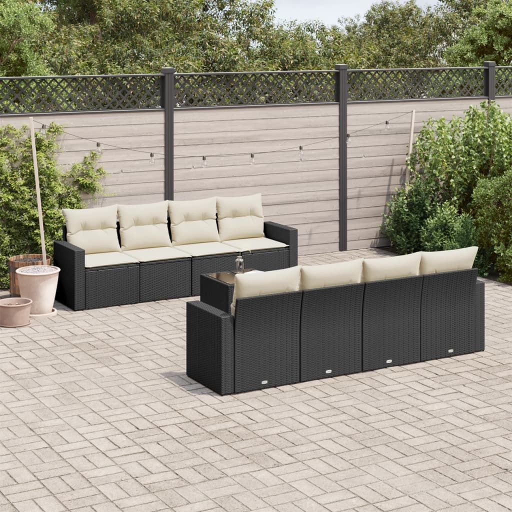 9 Piece Garden Sofa Set with Cushions Black Poly Rattan