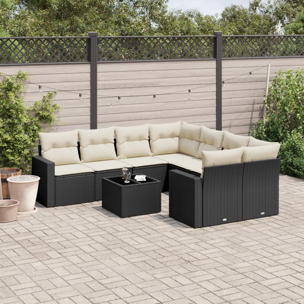 9 Piece Garden Sofa Set with Cushions Black Poly Rattan