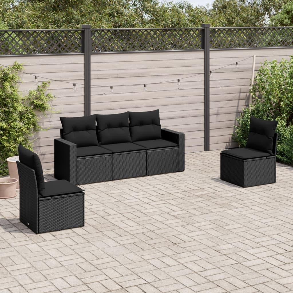 5 Piece Garden Sofa Set with Cushions Black Poly Rattan