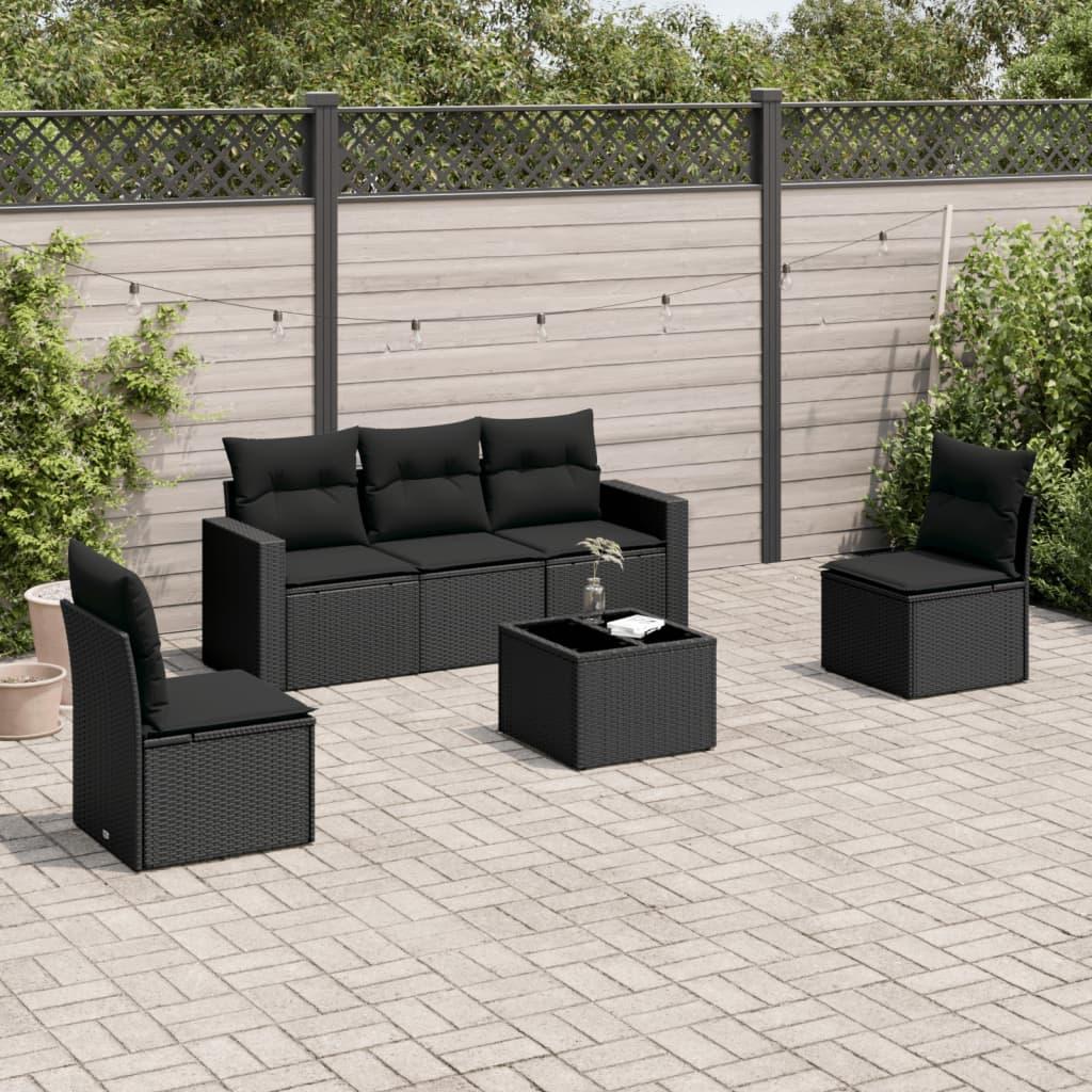6 Piece Garden Sofa Set with Cushions Black Poly Rattan