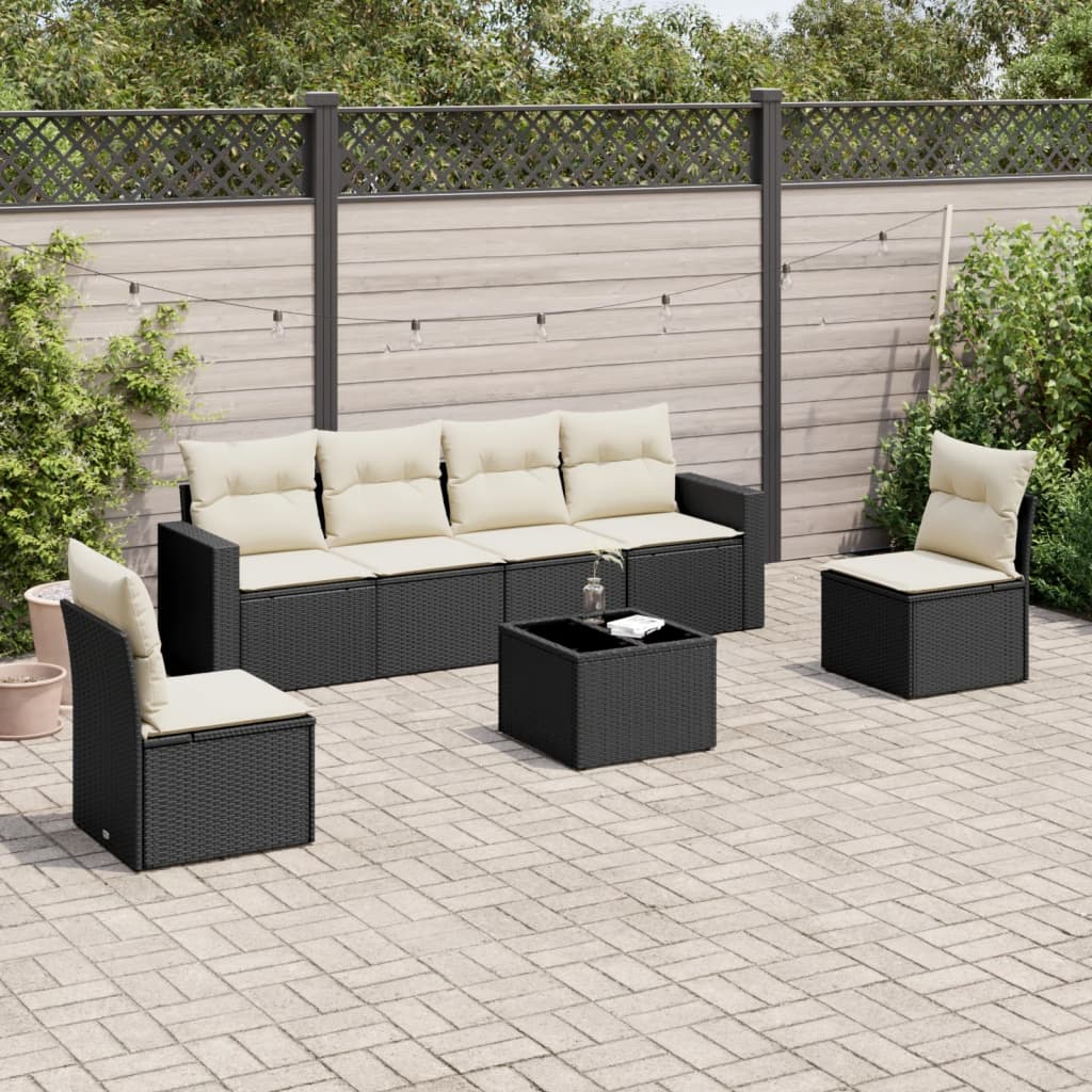 7 Piece Garden Sofa Set with Cushions Black Poly Rattan