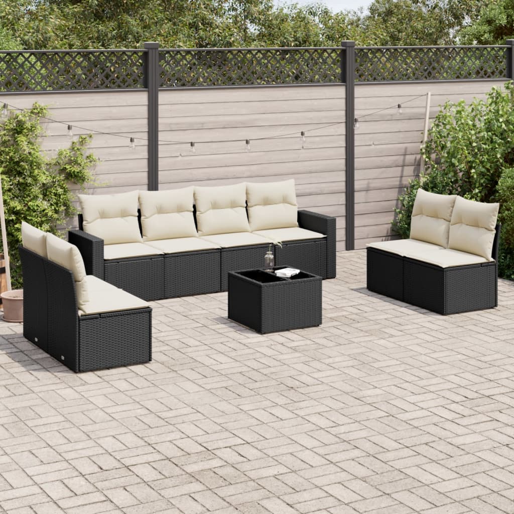 9 Piece Garden Sofa Set with Cushions Black Poly Rattan