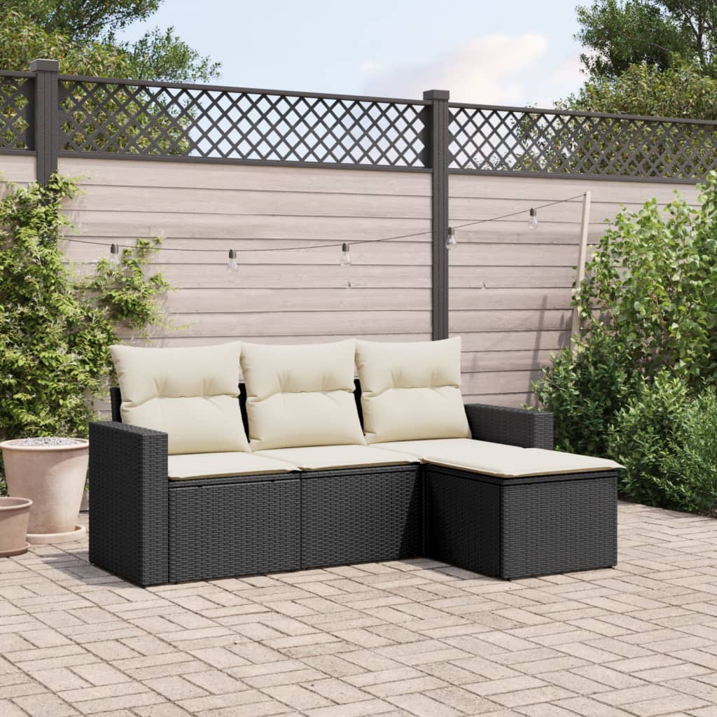 4 Piece Garden Sofa Set with Cushions Black Poly Rattan