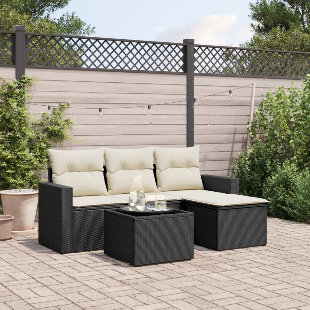 5 Piece Garden Sofa Set with Cushions Black Poly Rattan