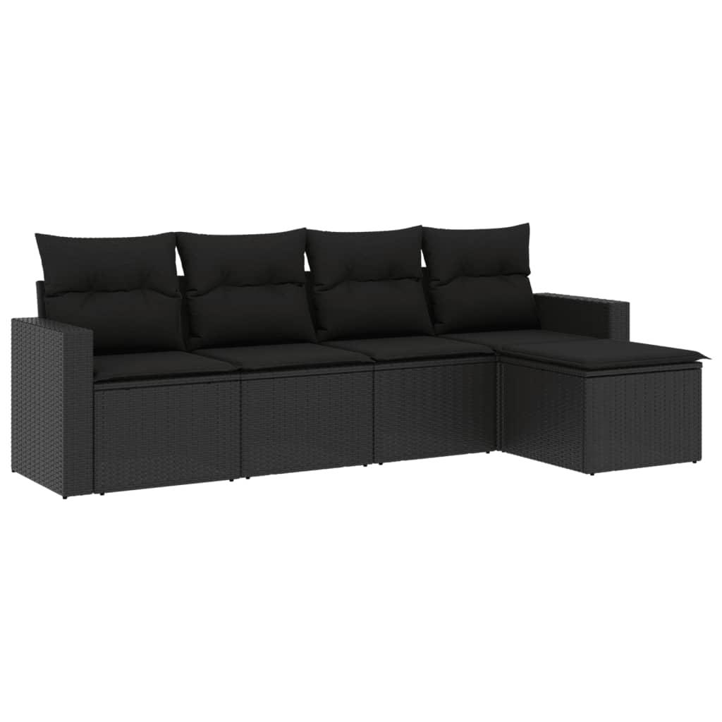 5 Piece Garden Sofa Set with Cushions Black Poly Rattan