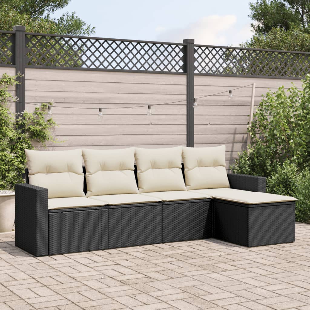 5 Piece Garden Sofa Set with Cushions Black Poly Rattan