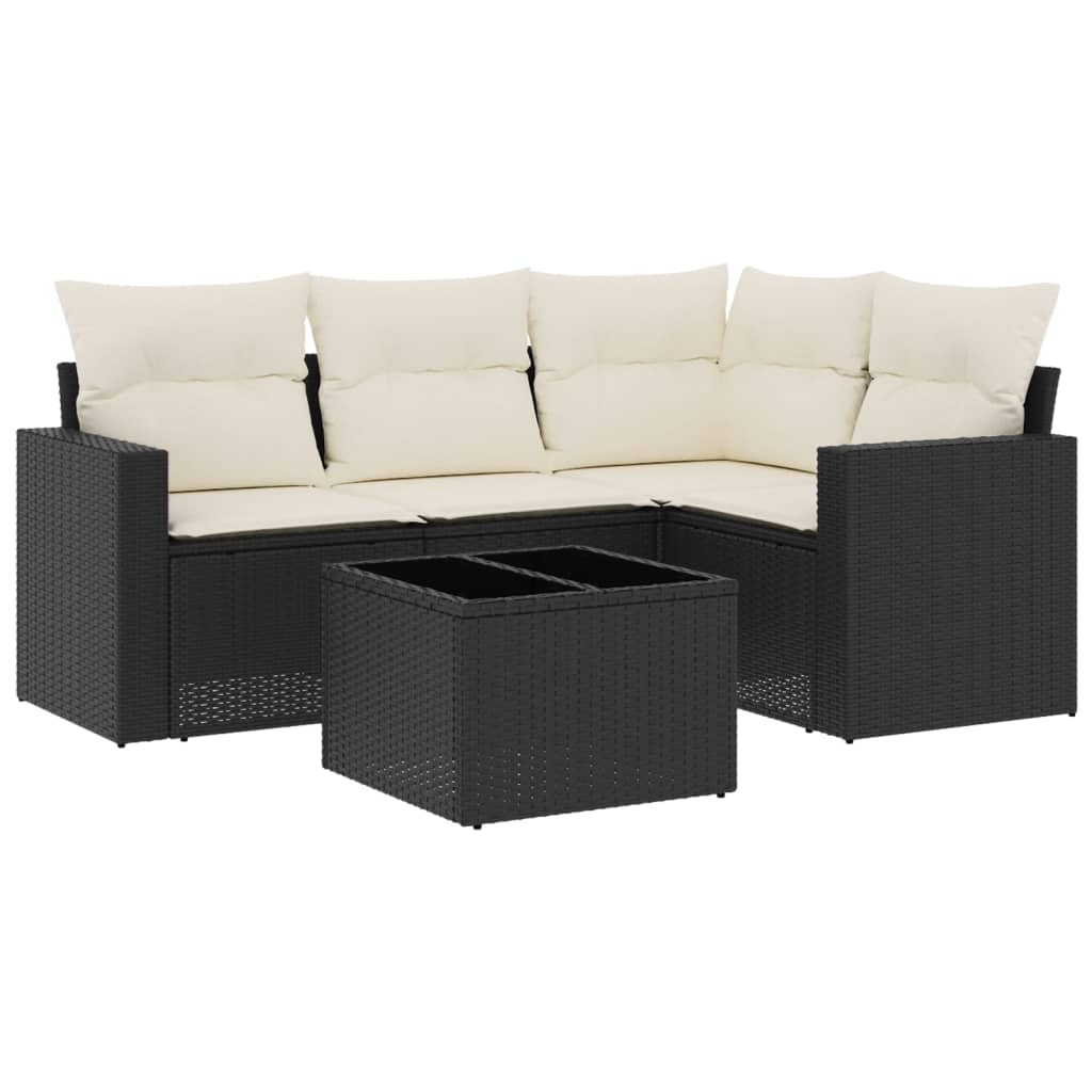 5 Piece Garden Sofa Set with Cushions Black Poly Rattan