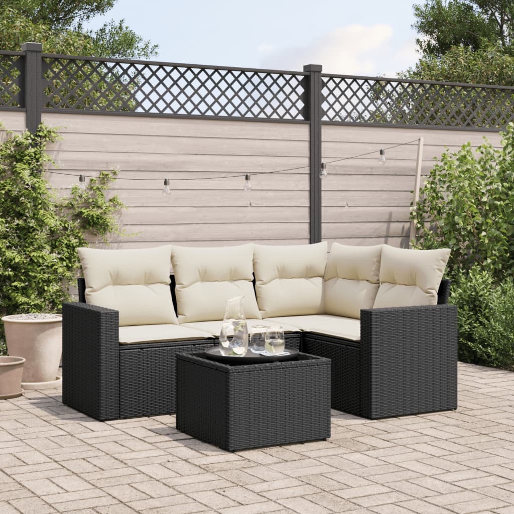 5 Piece Garden Sofa Set with Cushions Black Poly Rattan