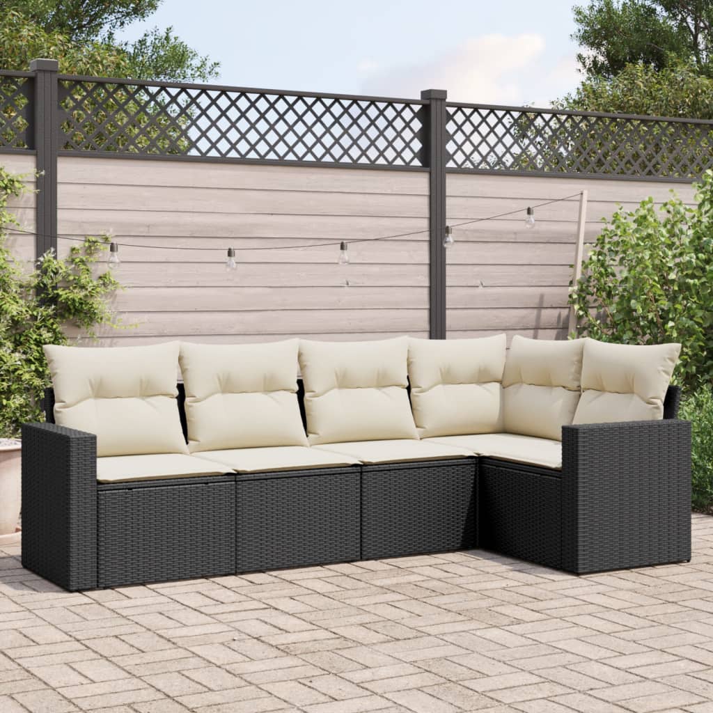 5 Piece Garden Sofa Set with Cushions Black Poly Rattan