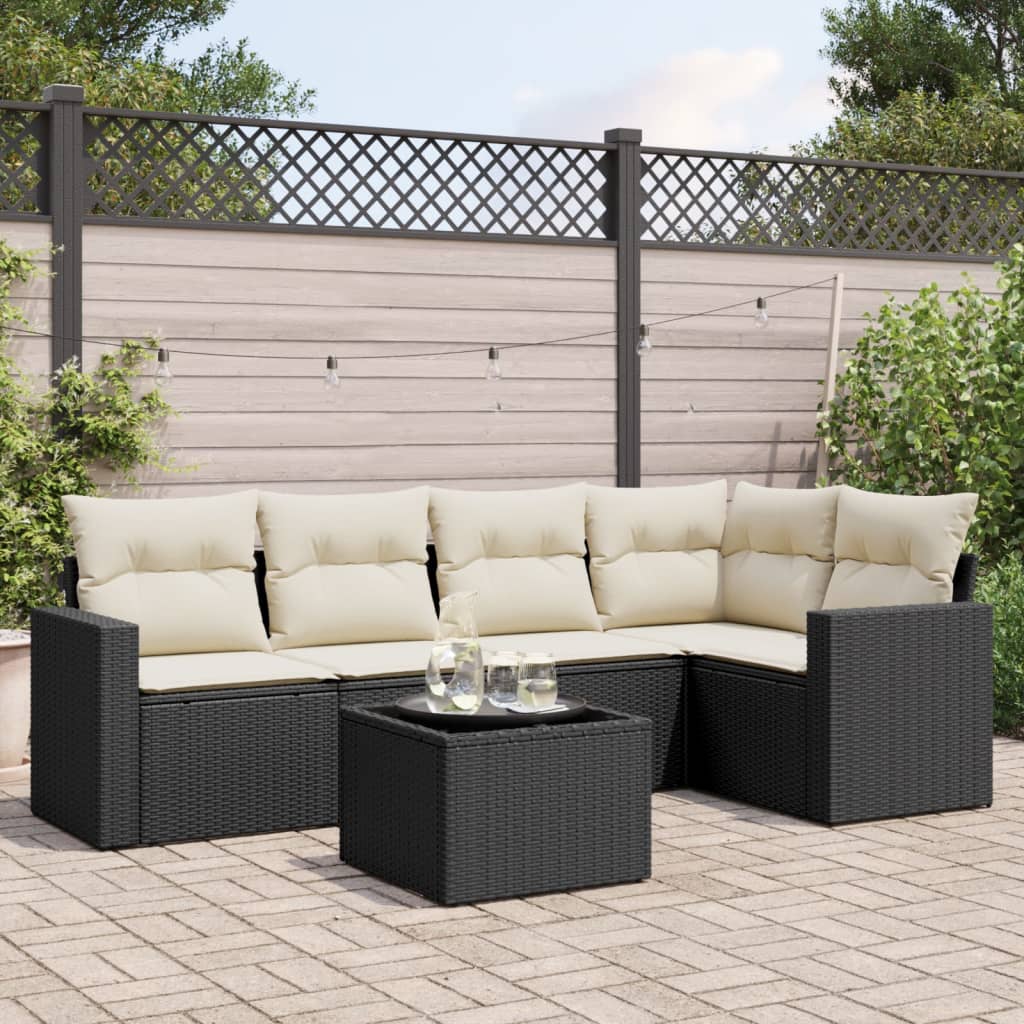 6 Piece Garden Sofa Set with Cushions Black Poly Rattan