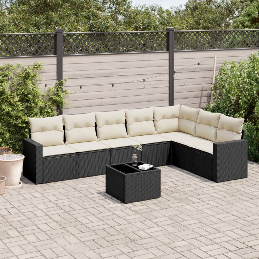 8 Piece Garden Sofa Set with Cushions Black Poly Rattan