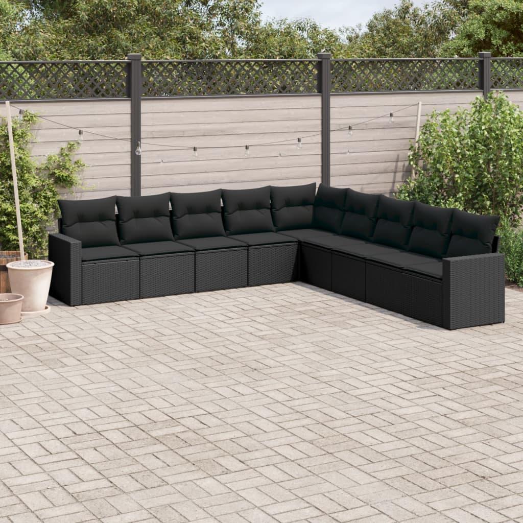 9 Piece Garden Sofa Set with Cushions Black Poly Rattan