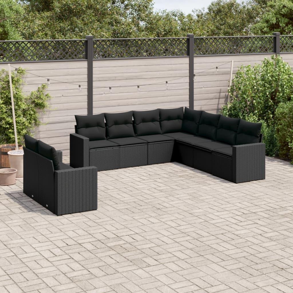 9 Piece Garden Sofa Set with Cushions Black Poly Rattan