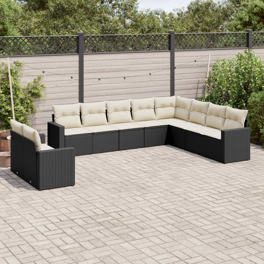 10 Piece Garden Sofa Set with Cushions Black Poly Rattan