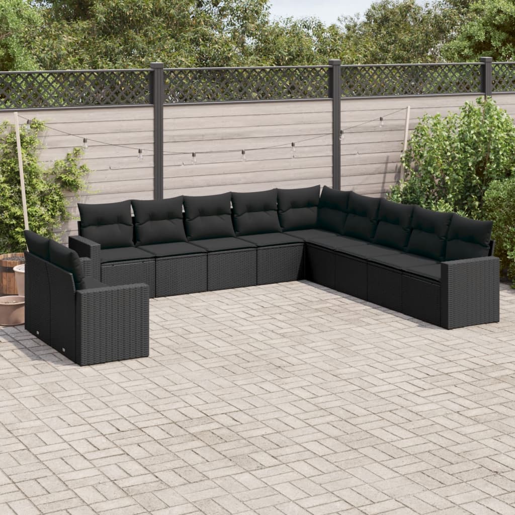 11 Piece Garden Sofa Set with Cushions Black Poly Rattan