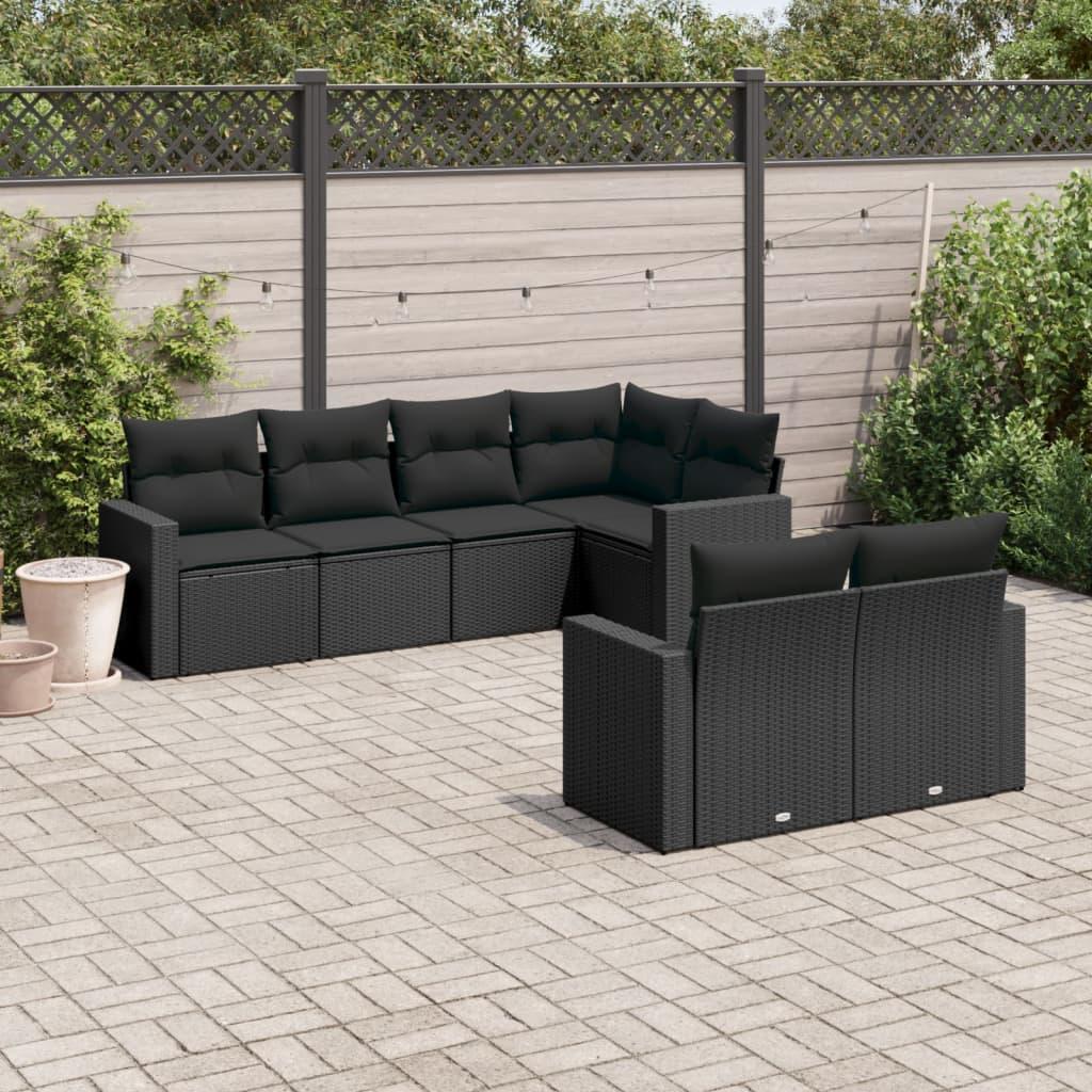 7 Piece Garden Sofa Set with Cushions Black Poly Rattan